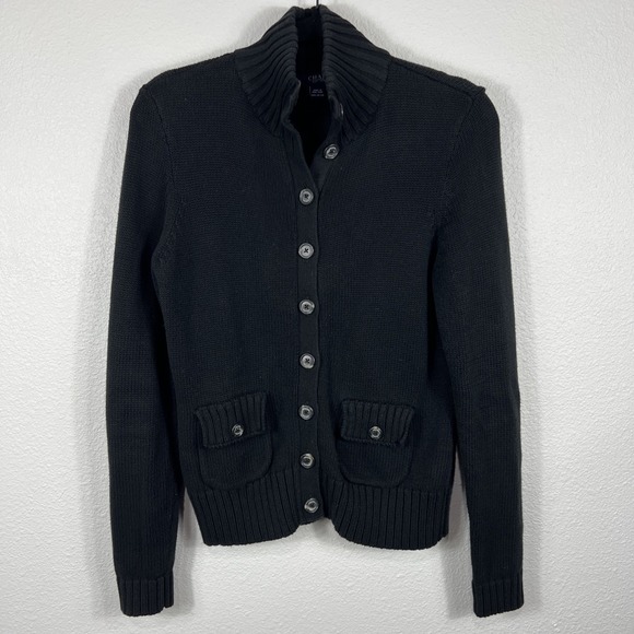 CHAPS Button Up Cardigan Woman's Small Black Classic‎ Chunky Sweater Ribbed Hem - Picture 1 of 11